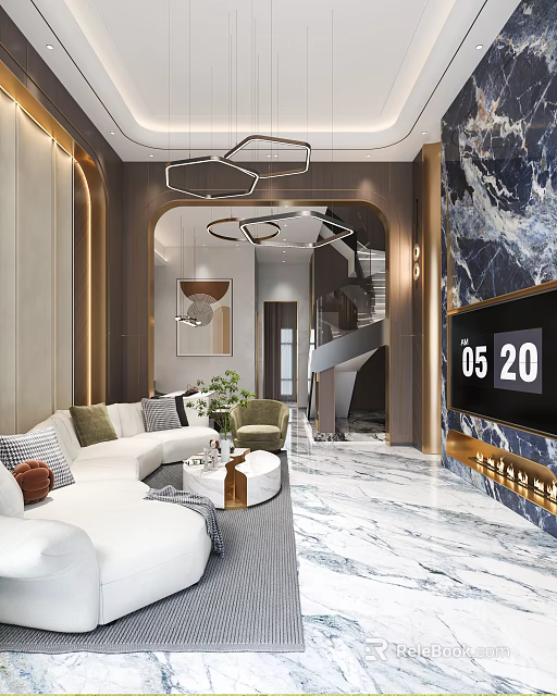 Modern Living and Dining Room Interior Design With Marble Wall Sofa TV And Chandelier 3d model 