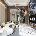 Modern Living and Dining Room Interior Design With Marble Wall Sofa TV And Chandelier