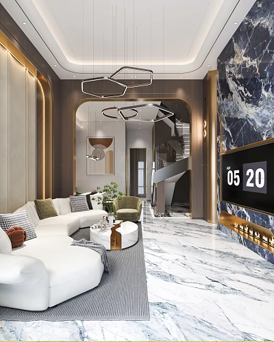 Modern Living and Dining Room Interior Design With Marble Wall Sofa TV And Chandelier 3d model