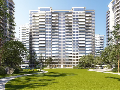 Modern High Rise Residential Building With Green Lawn And Trees Around 3d model