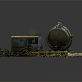 Weathered Blue Truck Model Scene With Satellite Dish Wooden Planks Ropes And Moss