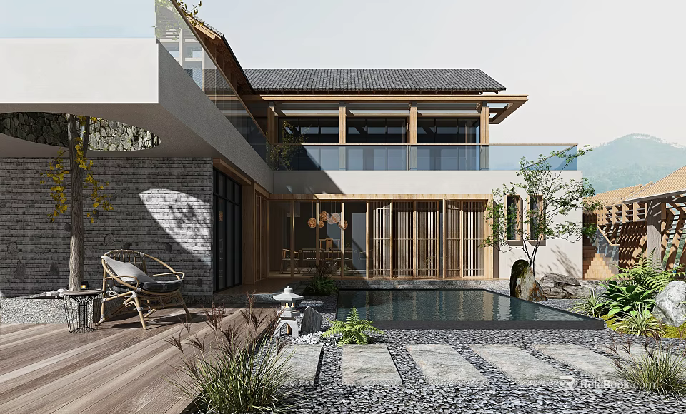 Modern Chinese Courtyard Garden Design With Wooden Structures Stone Pathways Plants And Outdoor Seating 3d model 