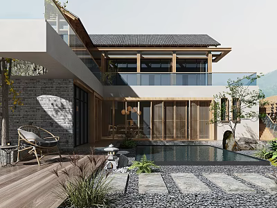 Modern Chinese Courtyard Garden Design With Wooden Structures Stone Pathways Plants And Outdoor Seating 3d model