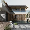 Modern Chinese Courtyard Garden Design With Wooden Structures Stone Pathways Plants And Outdoor Seating