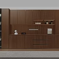 Modern Wooden Sideboard Cabinet With Cabinets Drawers Open Shelves Decorative Statue And Wine Bottles
