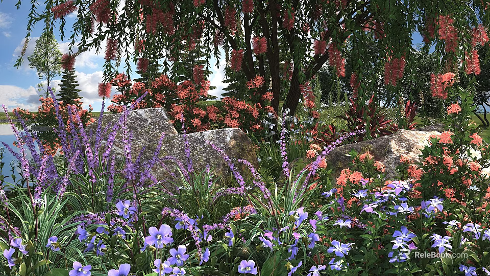 Vibrant Garden Flowers and Plants with Purple Blue Orange Blooms Surrounded by Trees and Rocks 3d model 