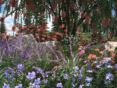 Vibrant Garden Flowers and Plants with Purple Blue Orange Blooms Surrounded by Trees and Rocks 3d model