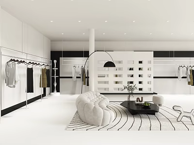 Modern Clothing Store Interior with Open Layout Display Racks Apparel and Comfortable Sofa 3d model