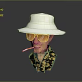 Woman Wearing White Wide Brimmed Hat Orange Sunglasses Black Shirt With Yellow Patterns Holding Cigarette