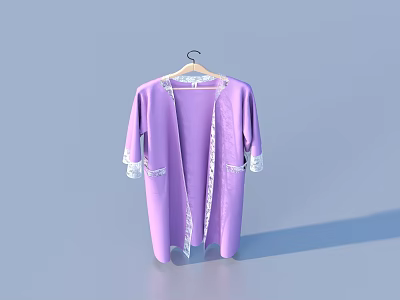 Purple Cardigan With White Lace Trim On Cuffs And Collar Hanging On Hanger 3d model