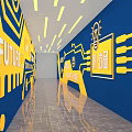 Modern Elevator Corridor With Blue And Yellow Circuit Board Patterns And Icons 3d model