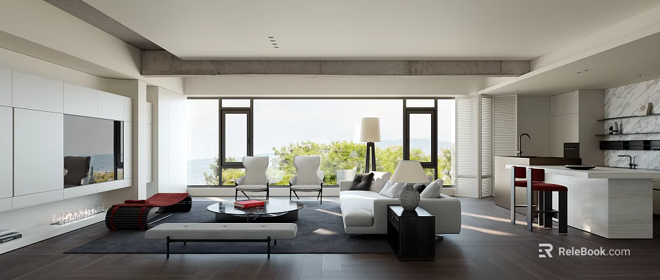 Modern Living Dining Room Interior With Large Windows Natural Light White Sofa And Coffee Table 3d model 