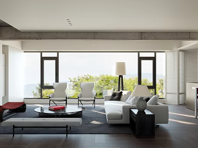 Modern Living Dining Room Interior With Large Windows Natural Light White Sofa And Coffee Table 3d model