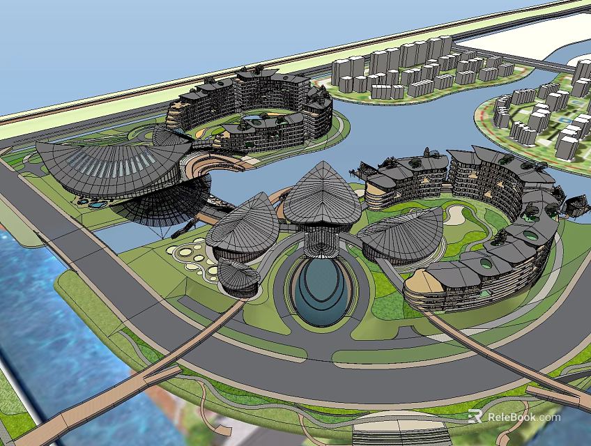 Modern Hotel Building With Unique Dome Roof Design Circular Layout And Waterfront Green Spaces 3d model 
