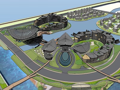 Modern Hotel Building With Unique Dome Roof Design Circular Layout And Waterfront Green Spaces 3d model