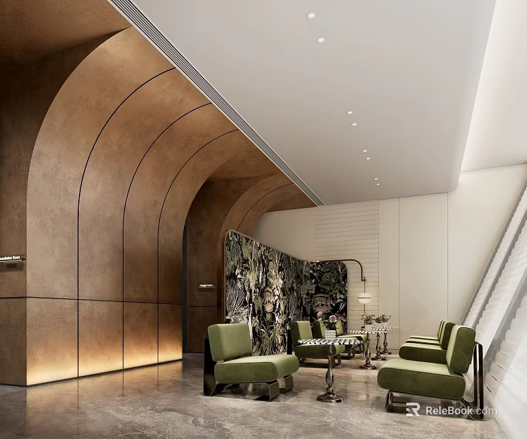 Elegant Modern Hotel Public Lounge With Curved Bronze Wall And Comfortable Upholstered Seats 3d model 
