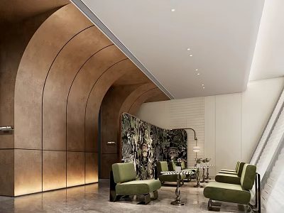Elegant Modern Hotel Public Lounge With Curved Bronze Wall And Comfortable Upholstered Seats 3d model