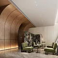 Elegant Modern Hotel Public Lounge With Curved Bronze Wall And Comfortable Upholstered Seats