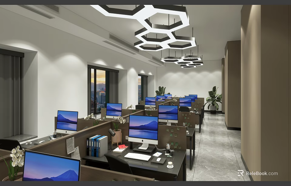 Public Office Space Interior With Multiple Desks Computers Hexagonal Hanging Lights And Potted Plants 3d model 