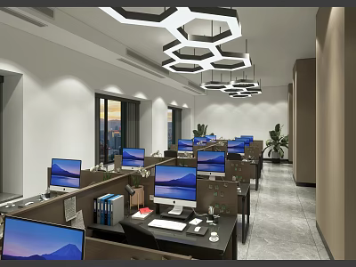 Public Office Space Interior With Multiple Desks Computers Hexagonal Hanging Lights And Potted Plants 3d model