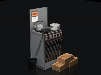 Essential Household Items Including Old Fashioned Stove Teapot Pot Cardboard Boxes And Trash Bin 3d model