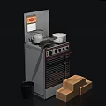Essential Household Items Including Old Fashioned Stove Teapot Pot Cardboard Boxes And Trash Bin