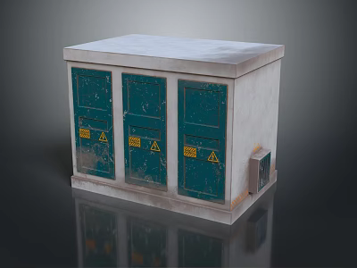 Industrial Electrical Cabinet With Three Green Doors And Yellow Warning Signs 3d model