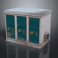 Industrial Electrical Cabinet With Three Green Doors And Yellow Warning Signs