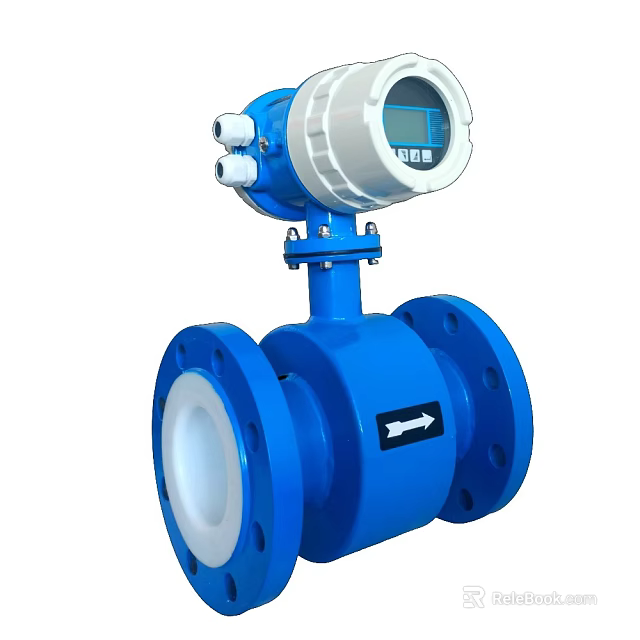 Blue Flow Meter With Digital Display And Flange Connections Featuring Directional Arrow 3d model