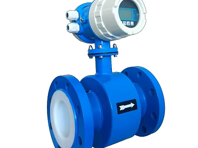 Blue Flow Meter With Digital Display And Flange Connections Featuring Directional Arrow 3d model