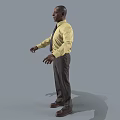 Man In Yellow Shirt Black Tie Gray Pants Brown Shoes With Arms Outstretched On Gray Background