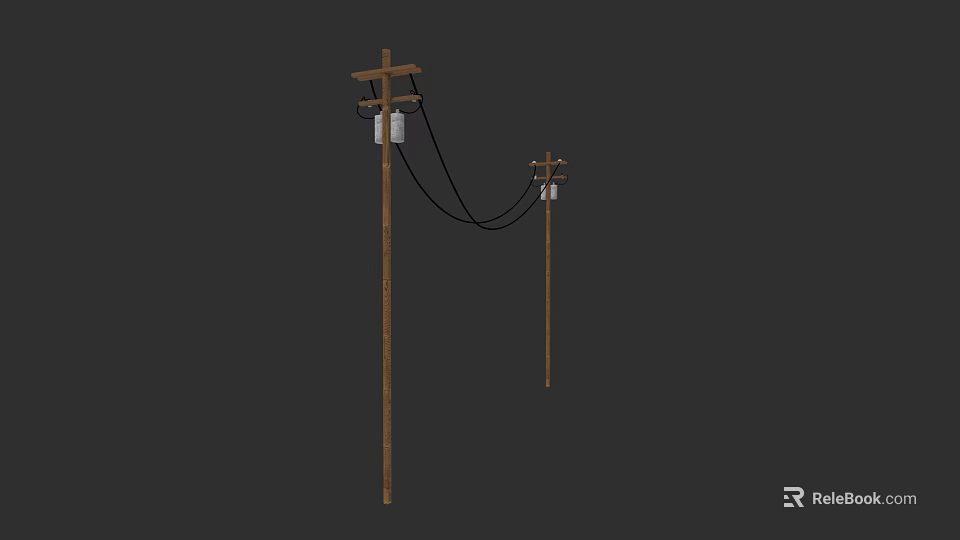 Wooden Utility Poles With Overhead Power Lines And Insulators 3d model 
