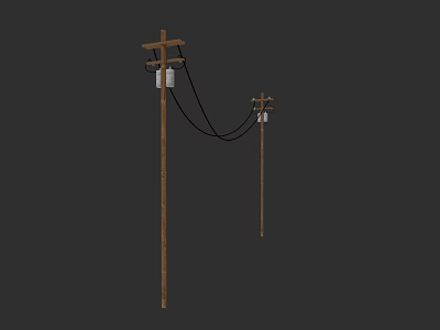 Wooden Utility Poles With Overhead Power Lines And Insulators 3d model