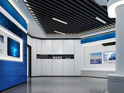 Modern Exhibition Hall Interior With Blue White Design Display Screens And Cabinets 3d model