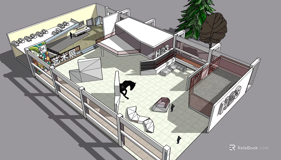 Art Exhibition Interior Layout With Stands Exhibits Green Tree Floor Displays And Visitors 3d model 