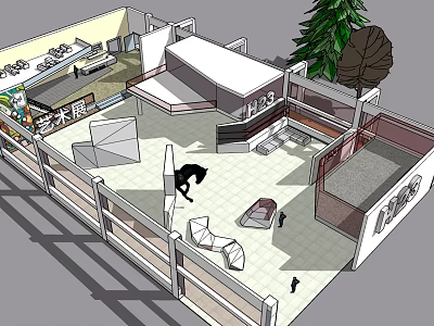 Art Exhibition Interior Layout With Stands Exhibits Green Tree Floor Displays And Visitors 3d model