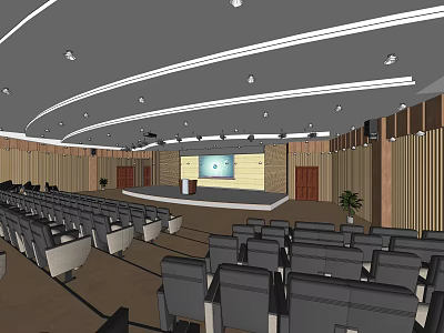 Modern Conference Room With Auditorium Seating Stage Projection Screen And Wooden Paneling 3d model