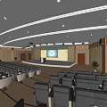 Modern Conference Room With Auditorium Seating Stage Projection Screen And Wooden Paneling