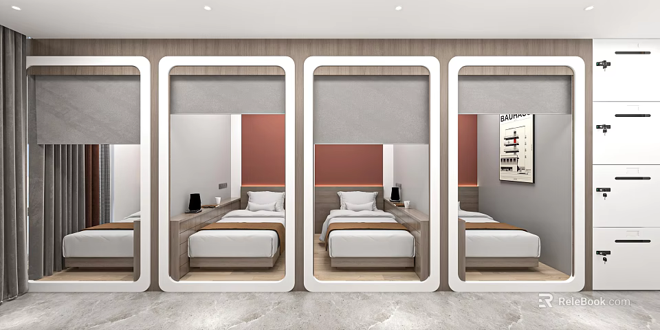 Modern Hotel Room Interior Design With Mirrored Compartments Beds Bedside Tables And Wall Art 3d model 