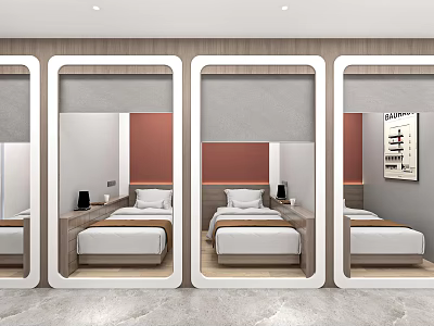 Modern Hotel Room Interior Design With Mirrored Compartments Beds Bedside Tables And Wall Art 3d model