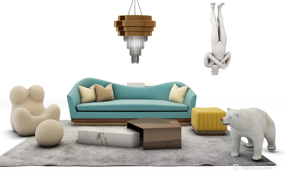 Turquoise Sofa With Beige Throw Pillows And Marble Wooden Coffee Tables On Gray Rug 3d model 