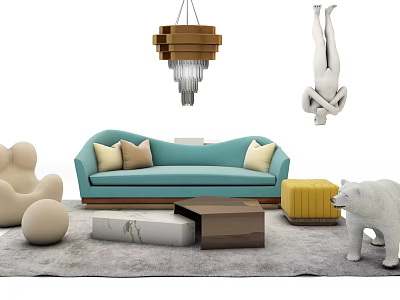 Turquoise Sofa With Beige Throw Pillows And Marble Wooden Coffee Tables On Gray Rug 3d model