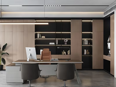 Modern Office Interior Design With Wooden Desk Computer Chairs Bookshelves And Potted Plant 3d model