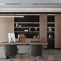 Modern Office Interior Design With Wooden Desk Computer Chairs Bookshelves And Potted Plant