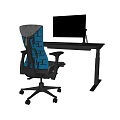 Modern Black Office Desk With Monitor Keyboard Mouse And Ergonomic Blue Mesh Chair