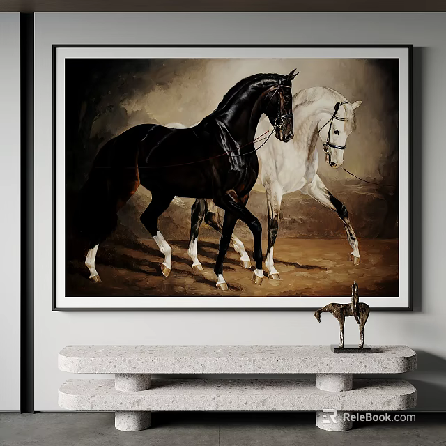 Horse Painting Featuring Two Black And White Horses Walking On Brown Ground 3d model 