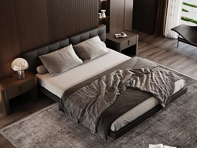 Modern Double Bed Interior With Dark Headboard Nightstand Lamp And Gray Blanket 3d model
