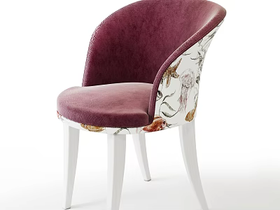 Plum Purple Velvet Dining Chair With Floral Pattern Accents And White Wooden Legs 3d model