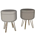 Modern Light Gray Velvet Ottoman with Round Padded Seat and Golden Metal Legs
