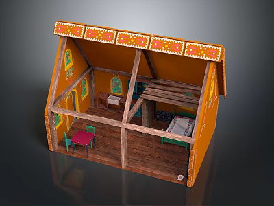 Cartoon Gingerbread House Featuring Half Open Design Decorated Walls Wooden Beam Roof And Interior Furniture 3d model